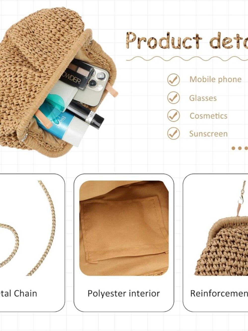 Straw Clutch Purses for Women Cloud Dumpling Pouch Straw Crossbody Shoulder Hand - Picture 4 of 6